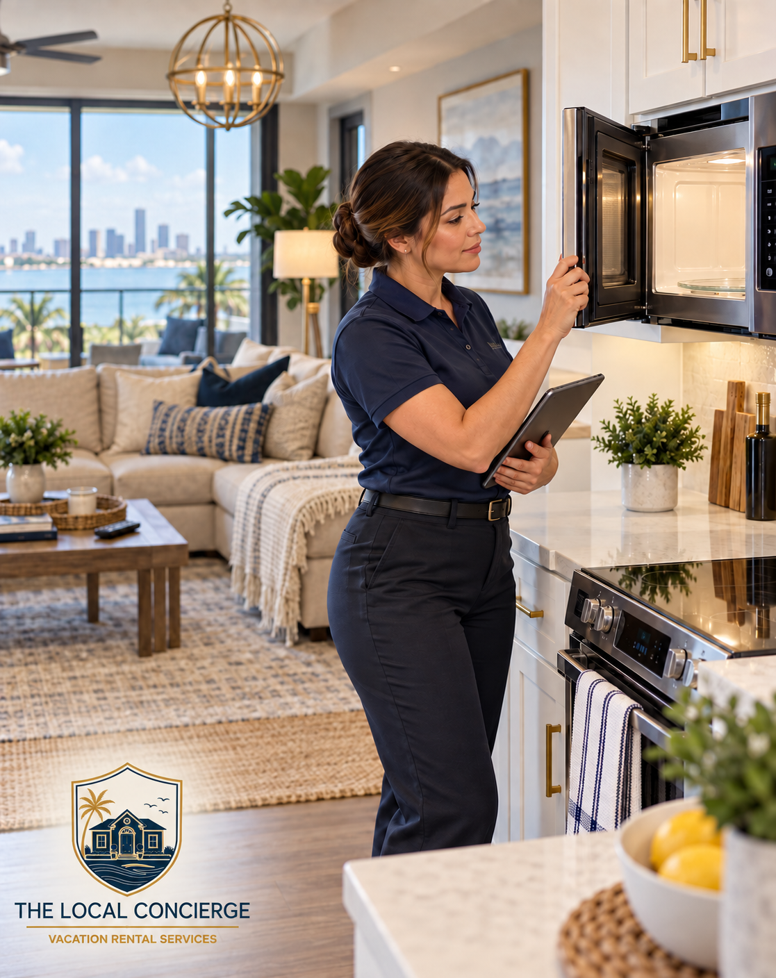 Vacation-rental turnover professional completing a final guest-ready check inside an upscale rental kitchen