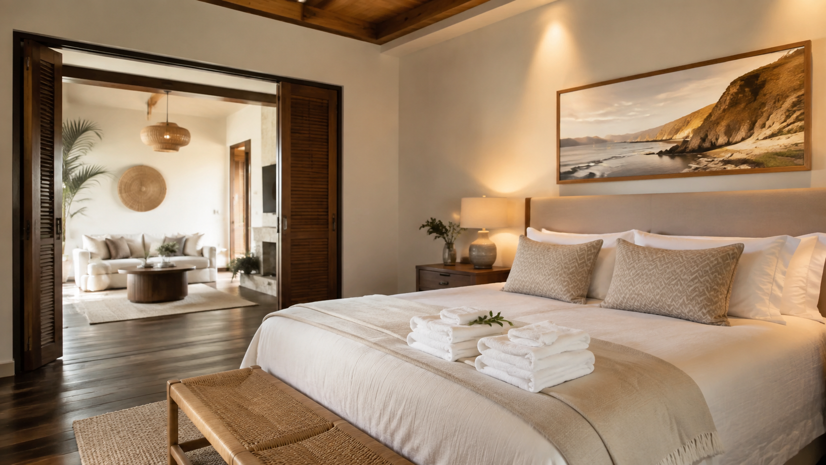 Guest-ready vacation-rental bedroom prepared with fresh linens for a same-day arrival
